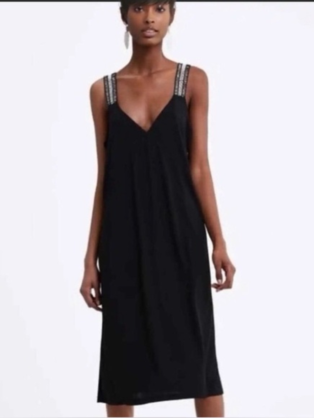 Zara Midi Slip Ribbed Stretch Jersey Black Dress Crochet Straps Sz S